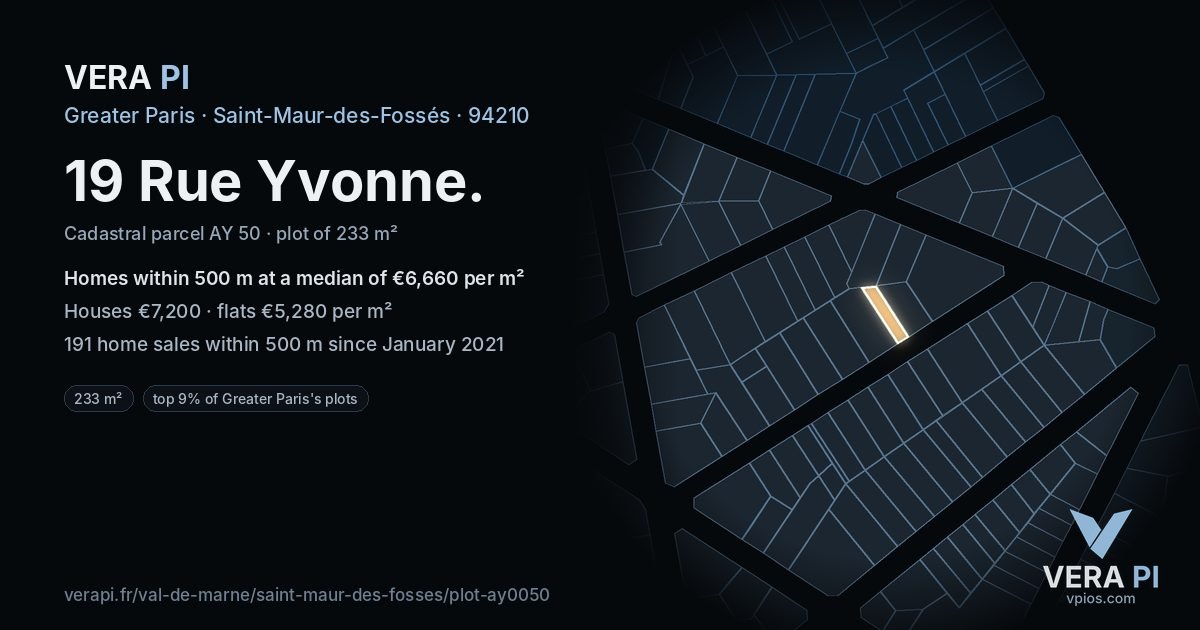 19 Rue Yvonne, Saint-Maur-des-Fossés at night – the plot lit, the parcels around coloured by the prices near them