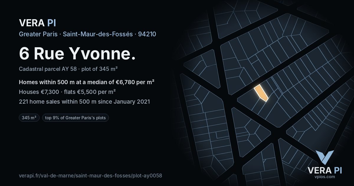 6 Rue Yvonne, Saint-Maur-des-Fossés at night – the plot lit, the parcels around coloured by the prices near them
