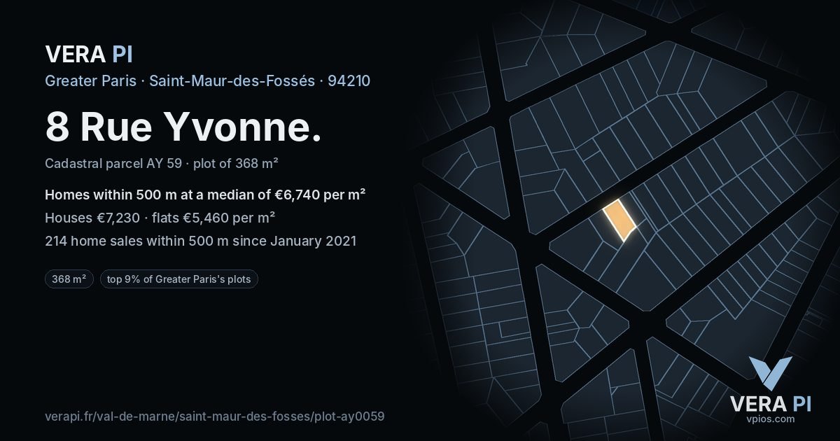 8 Rue Yvonne, Saint-Maur-des-Fossés at night – the plot lit, the parcels around coloured by the prices near them