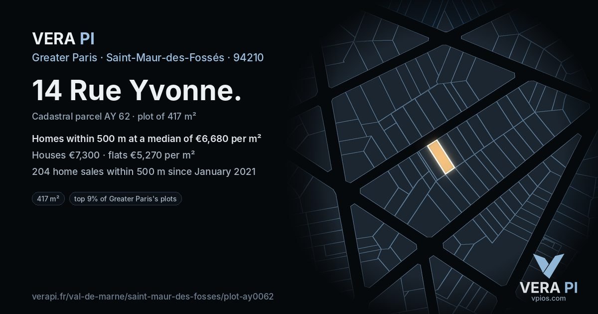 14 Rue Yvonne, Saint-Maur-des-Fossés at night – the plot lit, the parcels around coloured by the prices near them