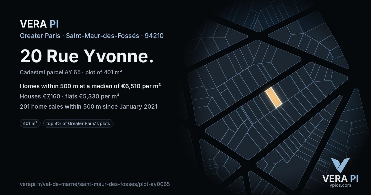 20 Rue Yvonne, Saint-Maur-des-Fossés at night – the plot lit, the parcels around coloured by the prices near them