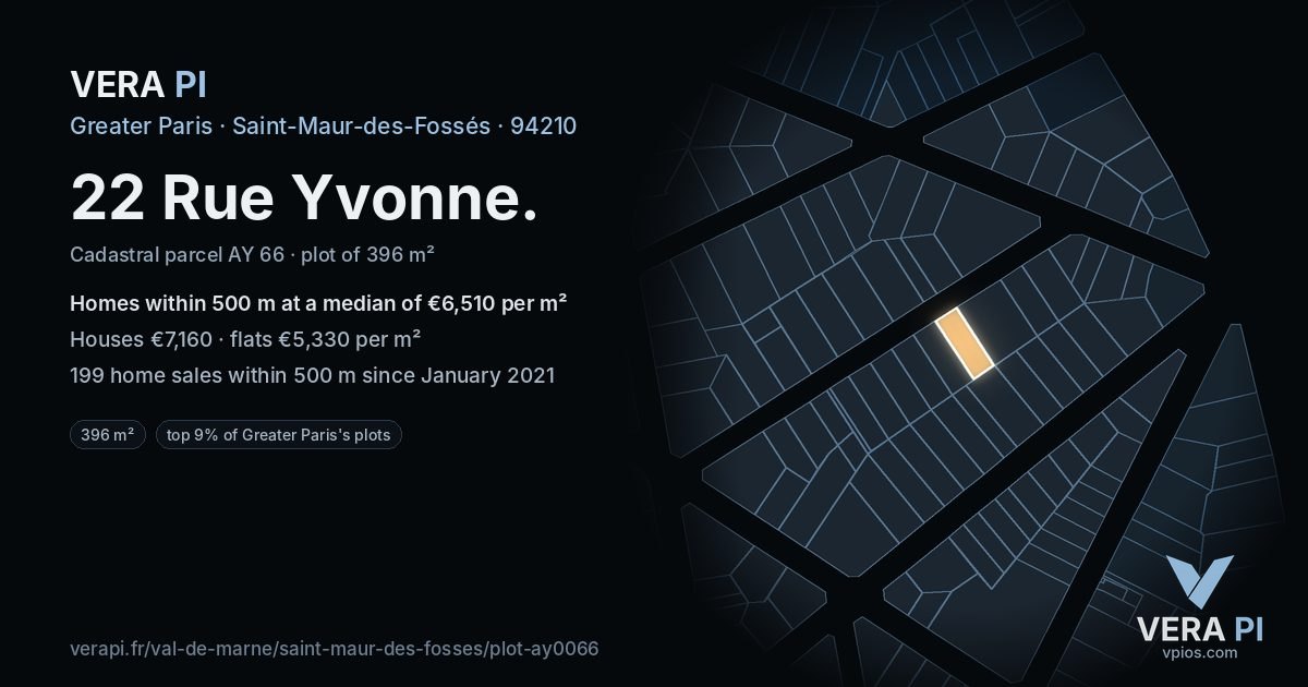 22 Rue Yvonne, Saint-Maur-des-Fossés at night – the plot lit, the parcels around coloured by the prices near them