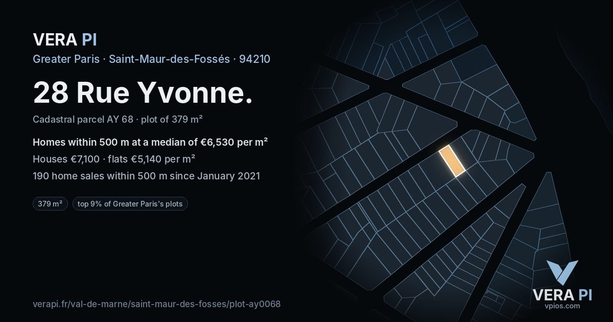 28 Rue Yvonne, Saint-Maur-des-Fossés at night – the plot lit, the parcels around coloured by the prices near them