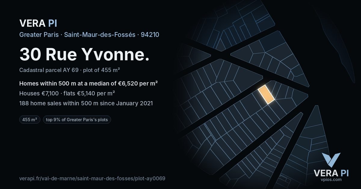 30 Rue Yvonne, Saint-Maur-des-Fossés at night – the plot lit, the parcels around coloured by the prices near them