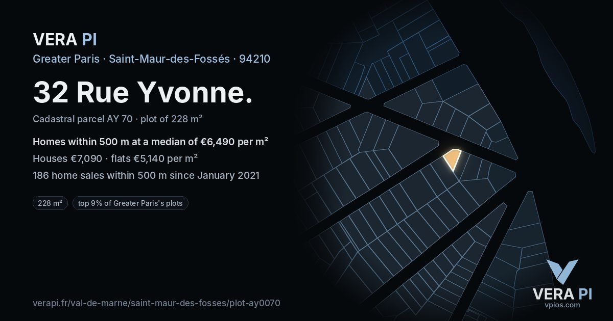 32 Rue Yvonne, Saint-Maur-des-Fossés at night – the plot lit, the parcels around coloured by the prices near them