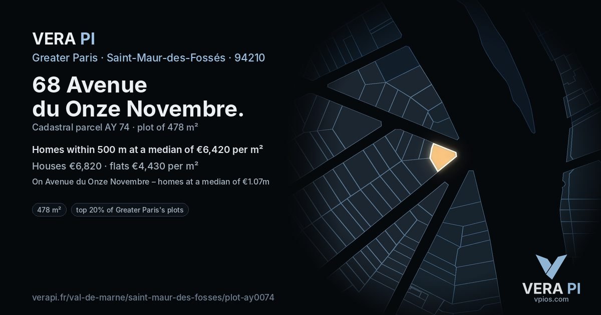 68 Avenue du Onze Novembre, Saint-Maur-des-Fossés at night – the plot lit, the parcels around coloured by the prices near them