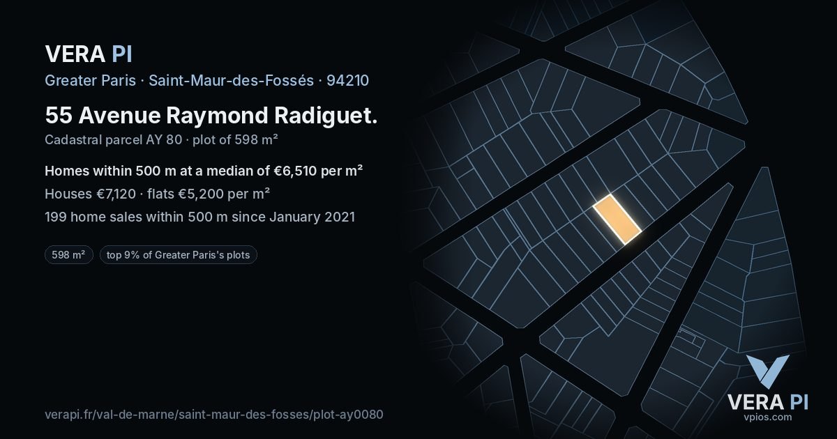 55 Avenue Raymond Radiguet, Saint-Maur-des-Fossés at night – the plot lit, the parcels around coloured by the prices near them