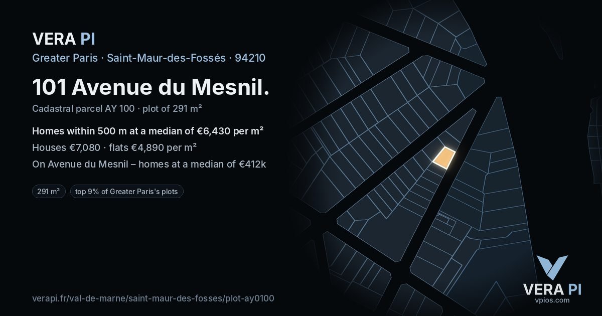 101 Avenue du Mesnil, Saint-Maur-des-Fossés at night – the plot lit, the parcels around coloured by the prices near them