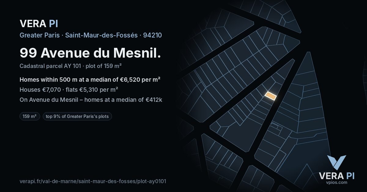 99 Avenue du Mesnil, Saint-Maur-des-Fossés at night – the plot lit, the parcels around coloured by the prices near them