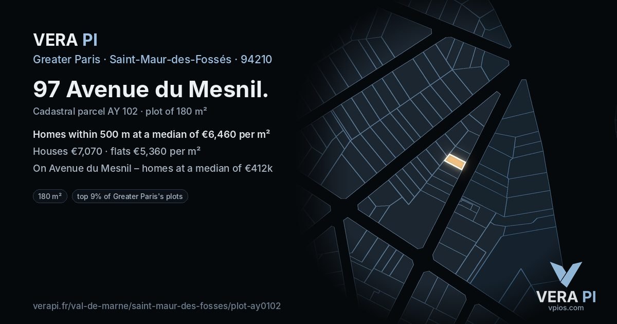 97 Avenue du Mesnil, Saint-Maur-des-Fossés at night – the plot lit, the parcels around coloured by the prices near them