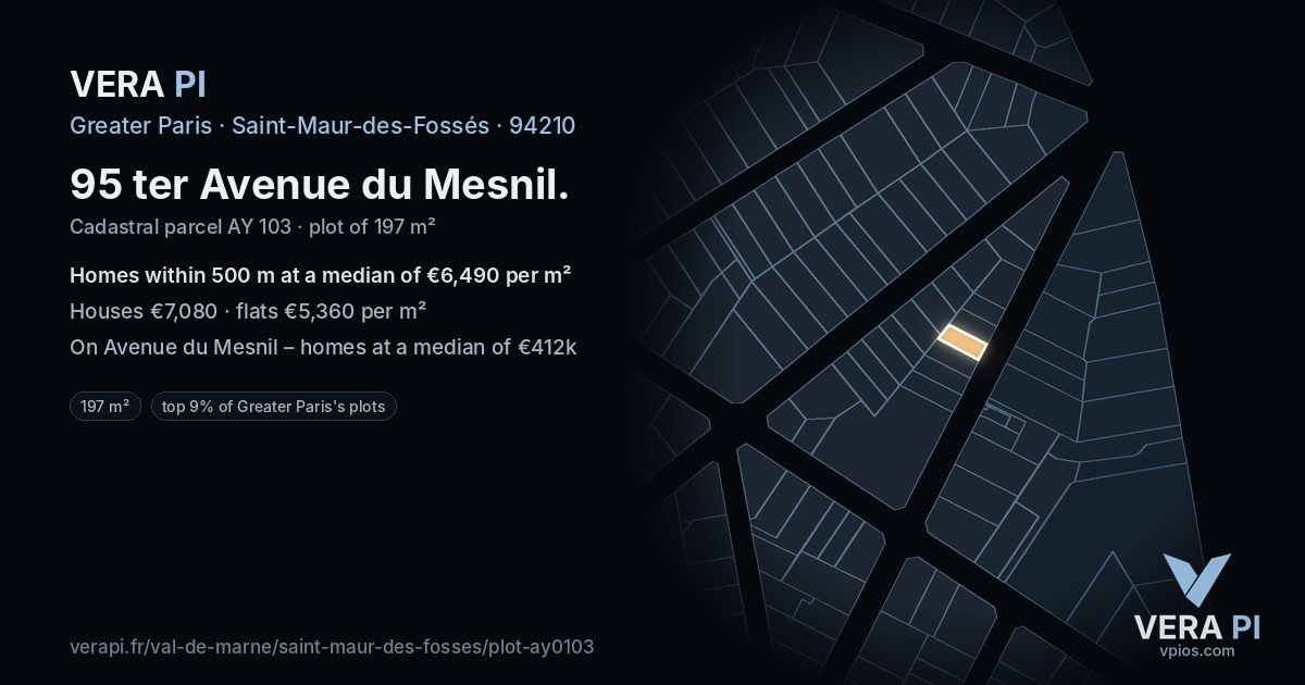 95 ter Avenue du Mesnil, Saint-Maur-des-Fossés at night – the plot lit, the parcels around coloured by the prices near them