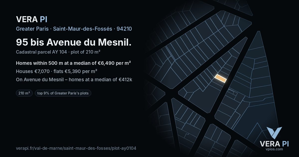 95 bis Avenue du Mesnil, Saint-Maur-des-Fossés at night – the plot lit, the parcels around coloured by the prices near them