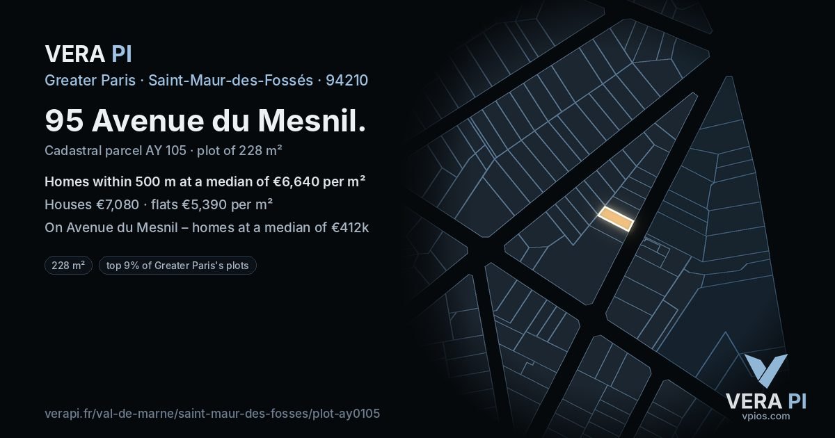 95 Avenue du Mesnil, Saint-Maur-des-Fossés at night – the plot lit, the parcels around coloured by the prices near them