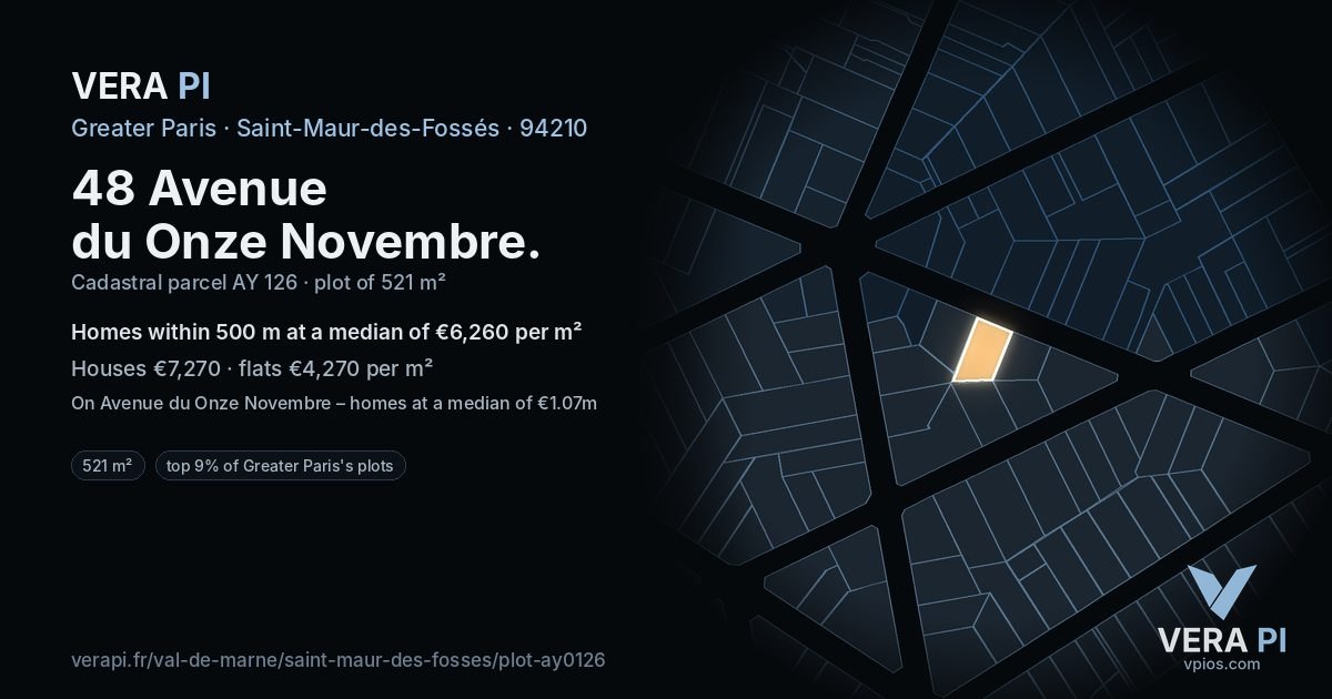 48 Avenue du Onze Novembre, Saint-Maur-des-Fossés at night – the plot lit, the parcels around coloured by the prices near them