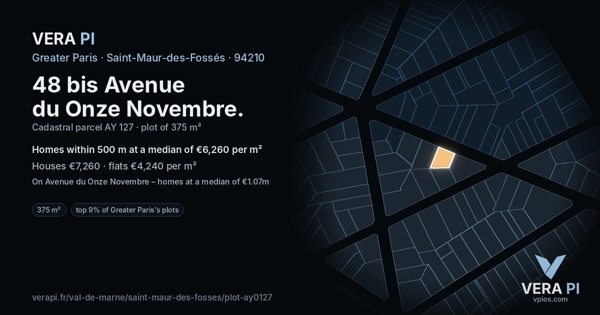 48 bis Avenue du Onze Novembre, Saint-Maur-des-Fossés at night – the plot lit, the parcels around coloured by the prices near them