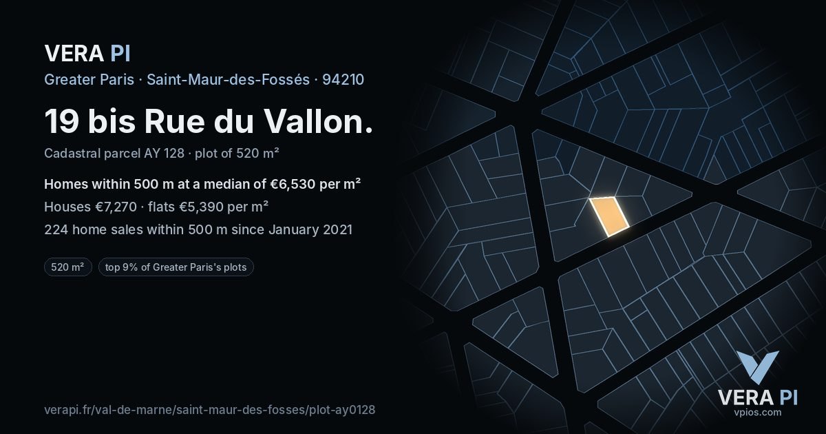 19 bis Rue du Vallon, Saint-Maur-des-Fossés at night – the plot lit, the parcels around coloured by the prices near them