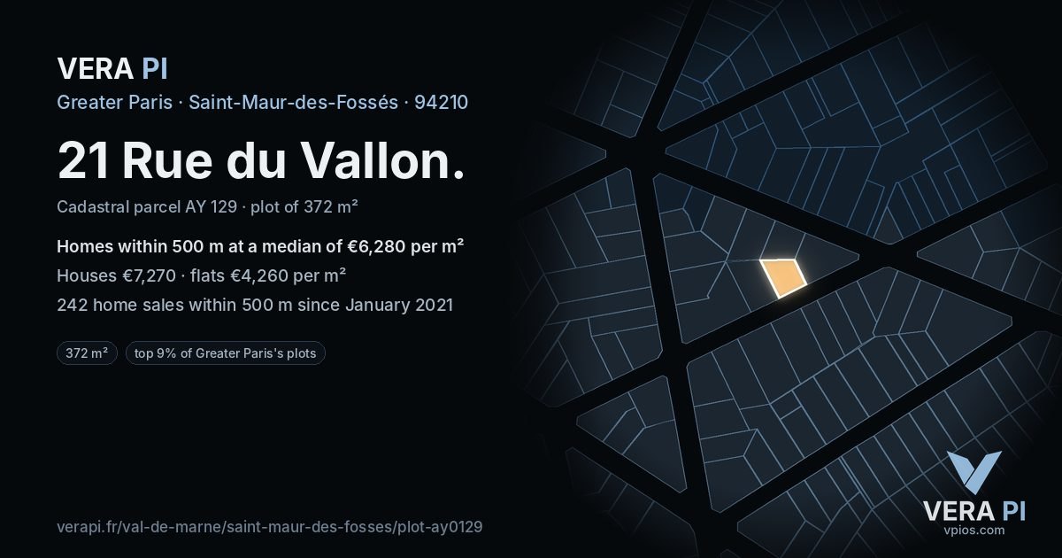 21 Rue du Vallon, Saint-Maur-des-Fossés at night – the plot lit, the parcels around coloured by the prices near them