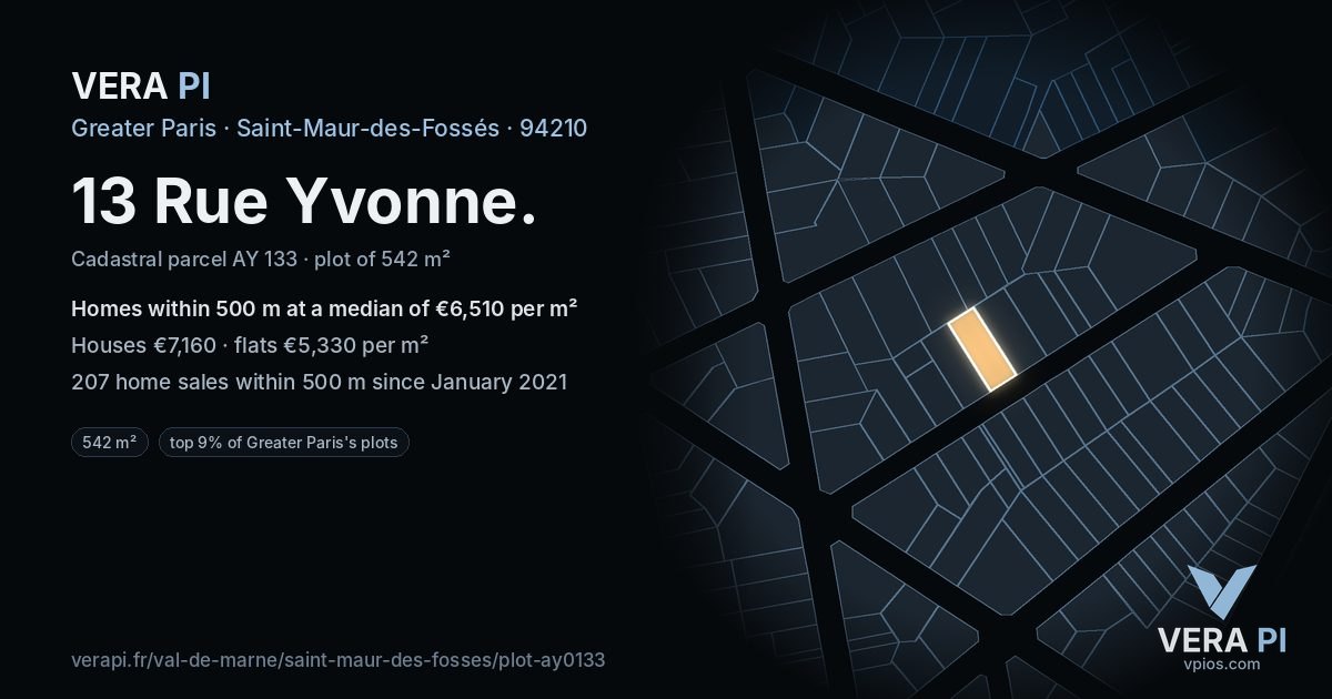 13 Rue Yvonne, Saint-Maur-des-Fossés at night – the plot lit, the parcels around coloured by the prices near them