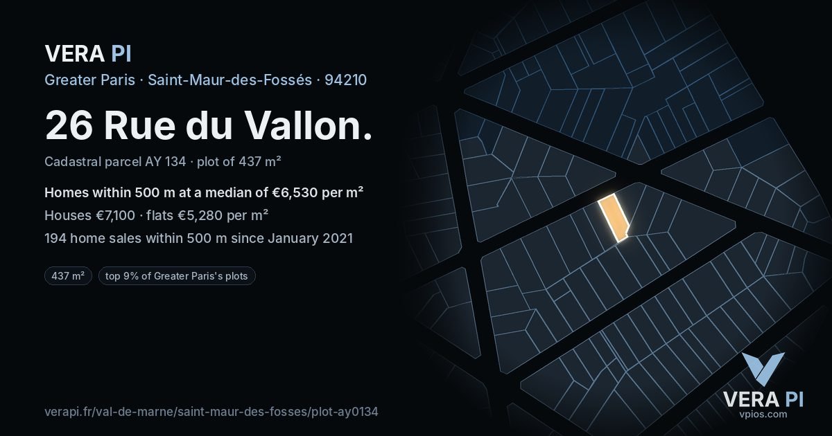 26 Rue du Vallon, Saint-Maur-des-Fossés at night – the plot lit, the parcels around coloured by the prices near them
