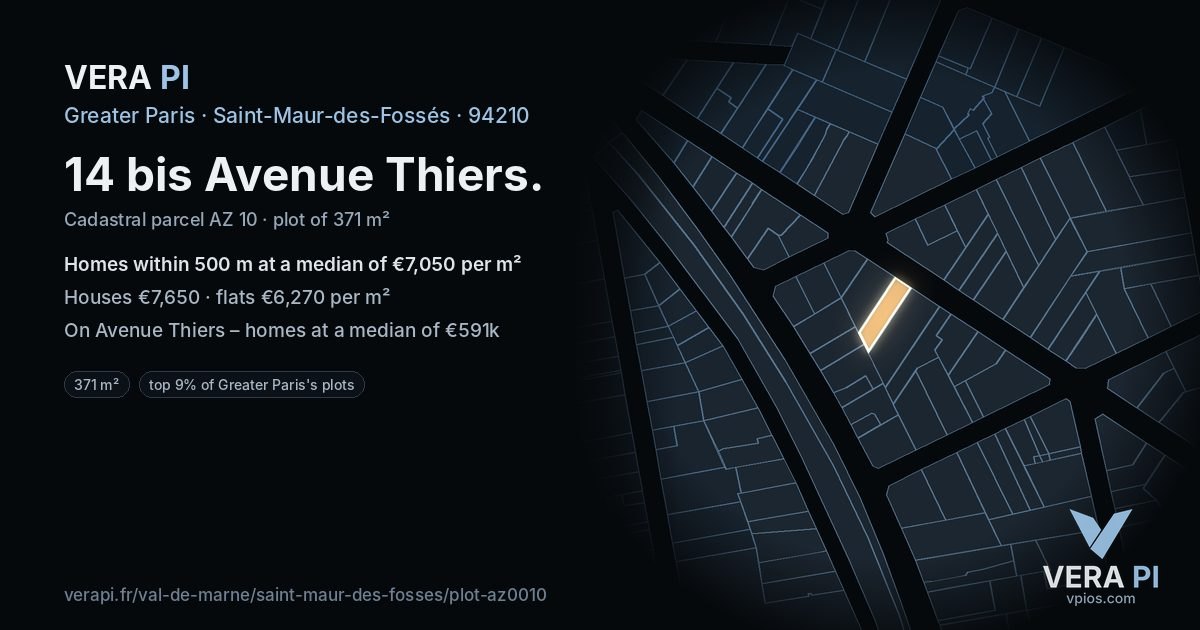 14 bis Avenue Thiers, Saint-Maur-des-Fossés at night – the plot lit, the parcels around coloured by the prices near them