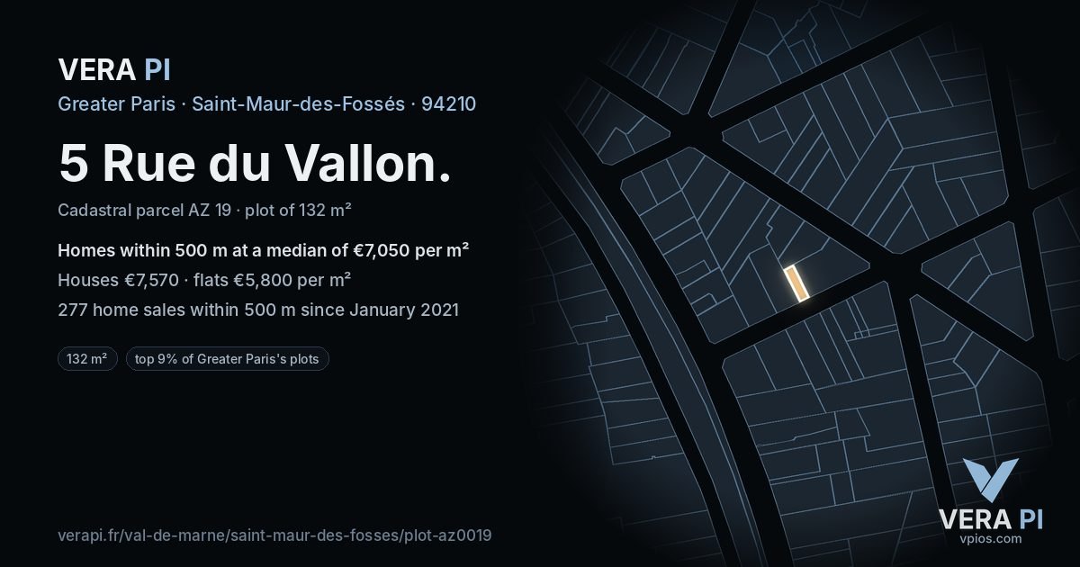 5 Rue du Vallon, Saint-Maur-des-Fossés at night – the plot lit, the parcels around coloured by the prices near them