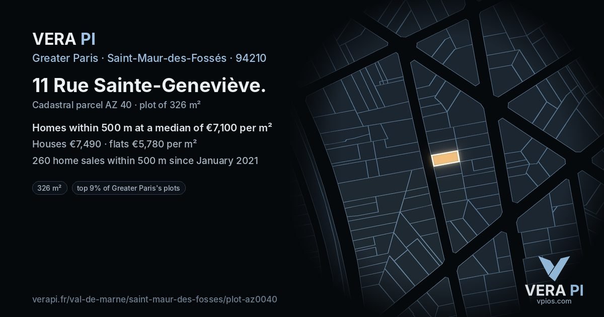 11 Rue Sainte-Geneviève, Saint-Maur-des-Fossés at night – the plot lit, the parcels around coloured by the prices near them