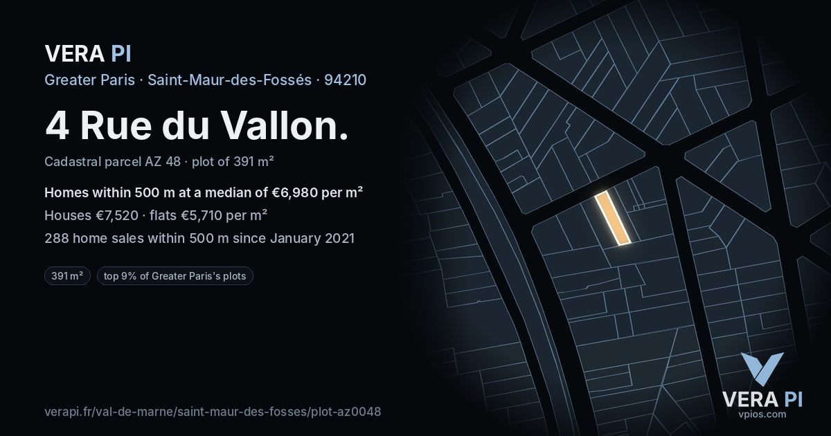 4 Rue du Vallon, Saint-Maur-des-Fossés at night – the plot lit, the parcels around coloured by the prices near them