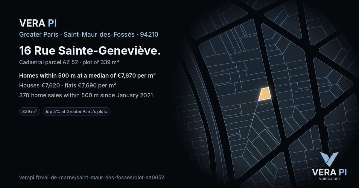 16 Rue Sainte-Geneviève, Saint-Maur-des-Fossés at night – the plot lit, the parcels around coloured by the prices near them