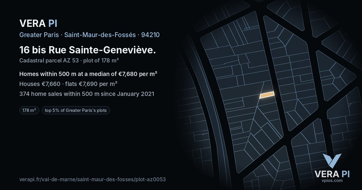 16 bis Rue Sainte-Geneviève, Saint-Maur-des-Fossés at night – the plot lit, the parcels around coloured by the prices near them
