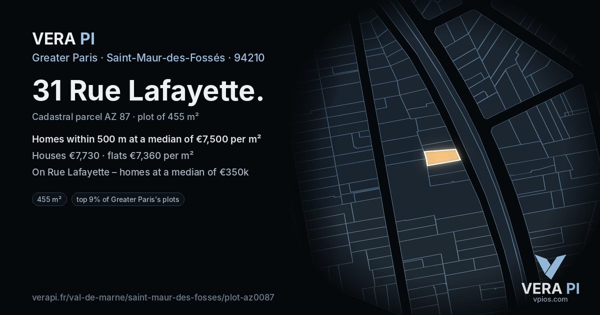 31 Rue Lafayette, Saint-Maur-des-Fossés at night – the plot lit, the parcels around coloured by the prices near them