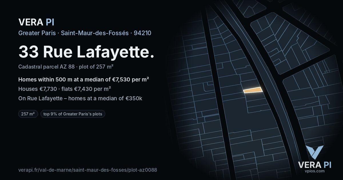 33 Rue Lafayette, Saint-Maur-des-Fossés at night – the plot lit, the parcels around coloured by the prices near them