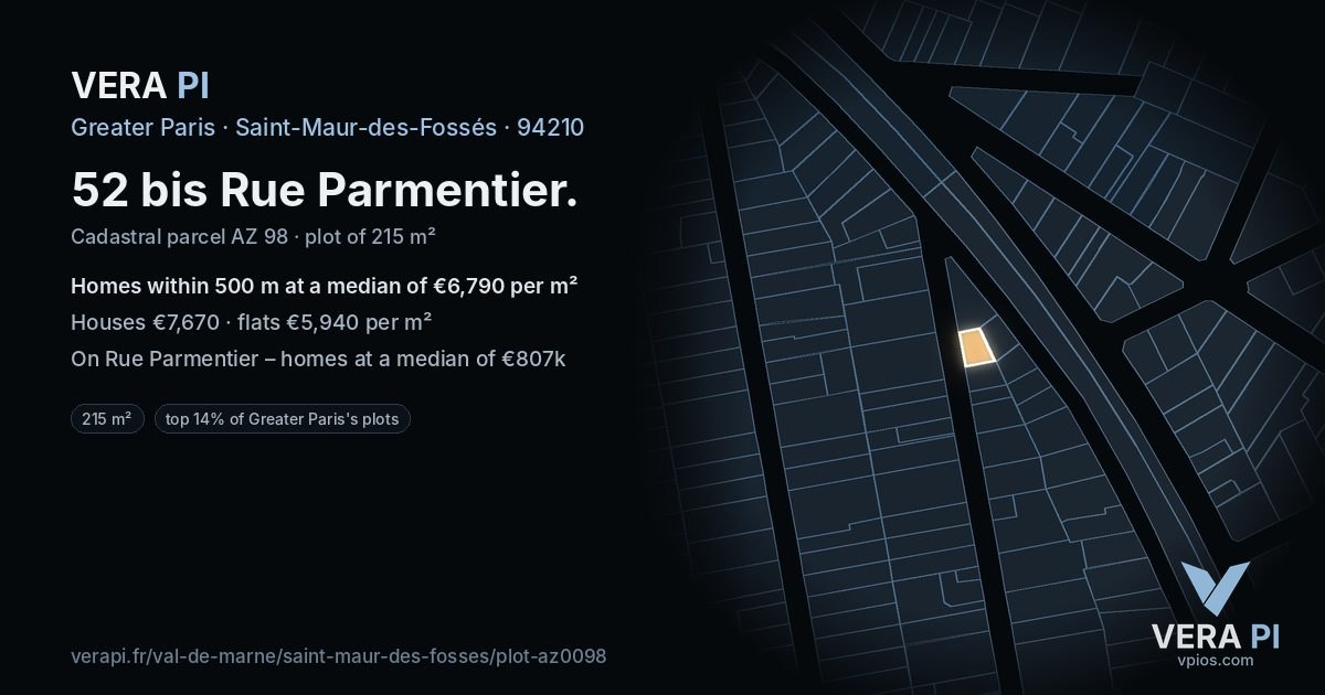 52 bis Rue Parmentier, Saint-Maur-des-Fossés at night – the plot lit, the parcels around coloured by the prices near them