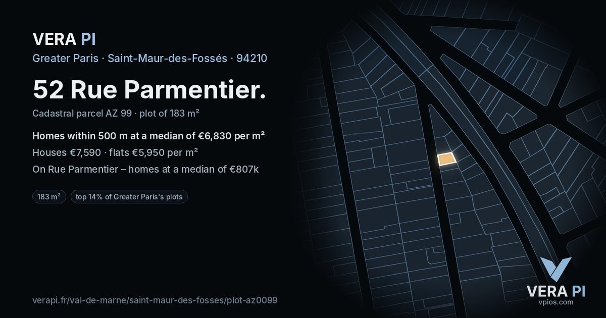52 Rue Parmentier, Saint-Maur-des-Fossés at night – the plot lit, the parcels around coloured by the prices near them