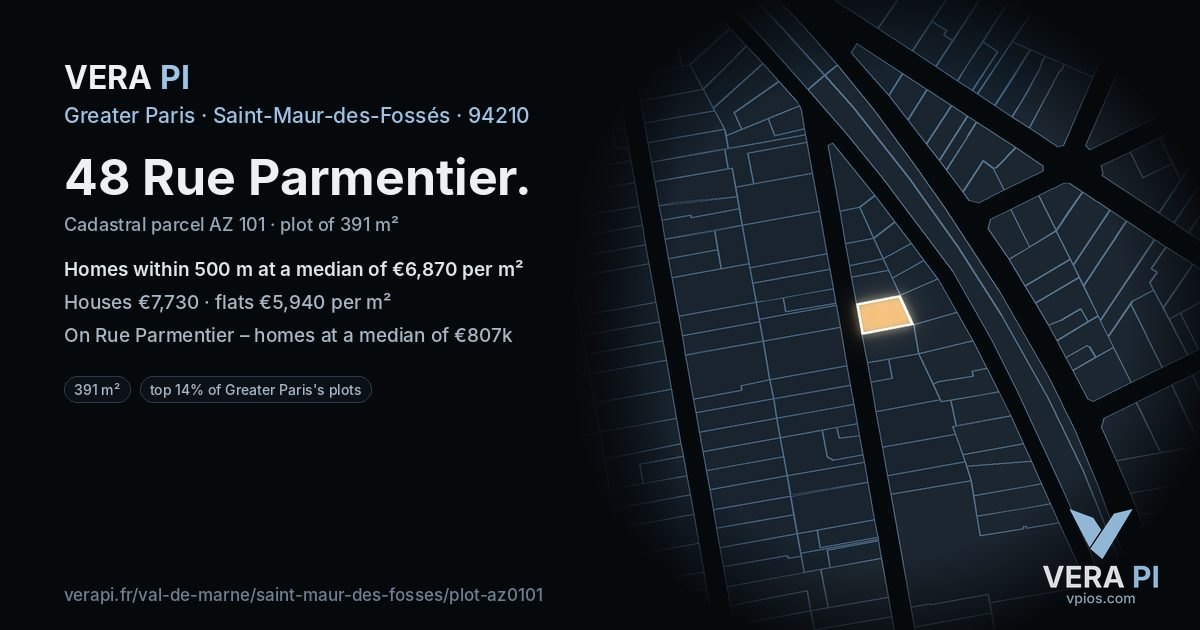 48 Rue Parmentier, Saint-Maur-des-Fossés at night – the plot lit, the parcels around coloured by the prices near them