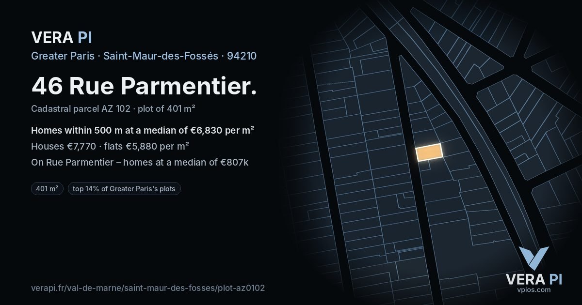 46 Rue Parmentier, Saint-Maur-des-Fossés at night – the plot lit, the parcels around coloured by the prices near them