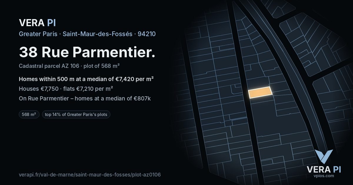 38 Rue Parmentier, Saint-Maur-des-Fossés at night – the plot lit, the parcels around coloured by the prices near them