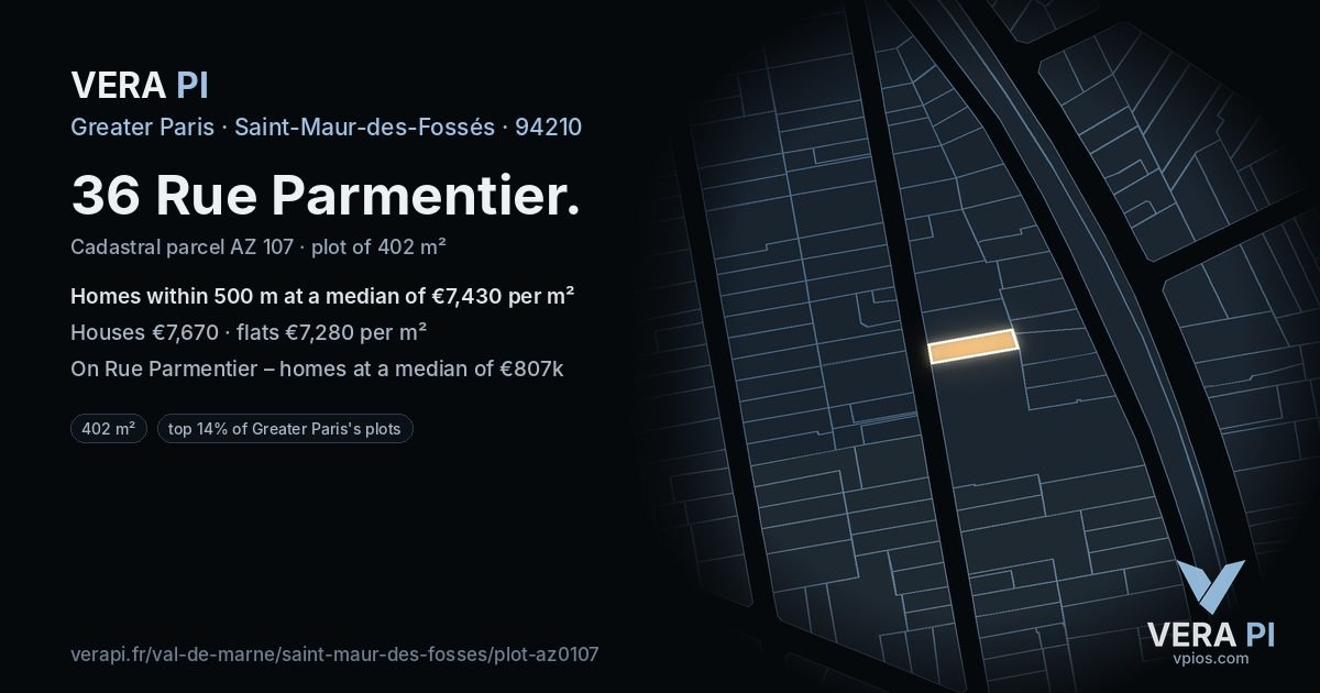 36 Rue Parmentier, Saint-Maur-des-Fossés at night – the plot lit, the parcels around coloured by the prices near them