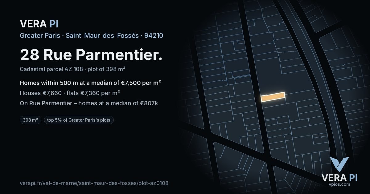 28 Rue Parmentier, Saint-Maur-des-Fossés at night – the plot lit, the parcels around coloured by the prices near them
