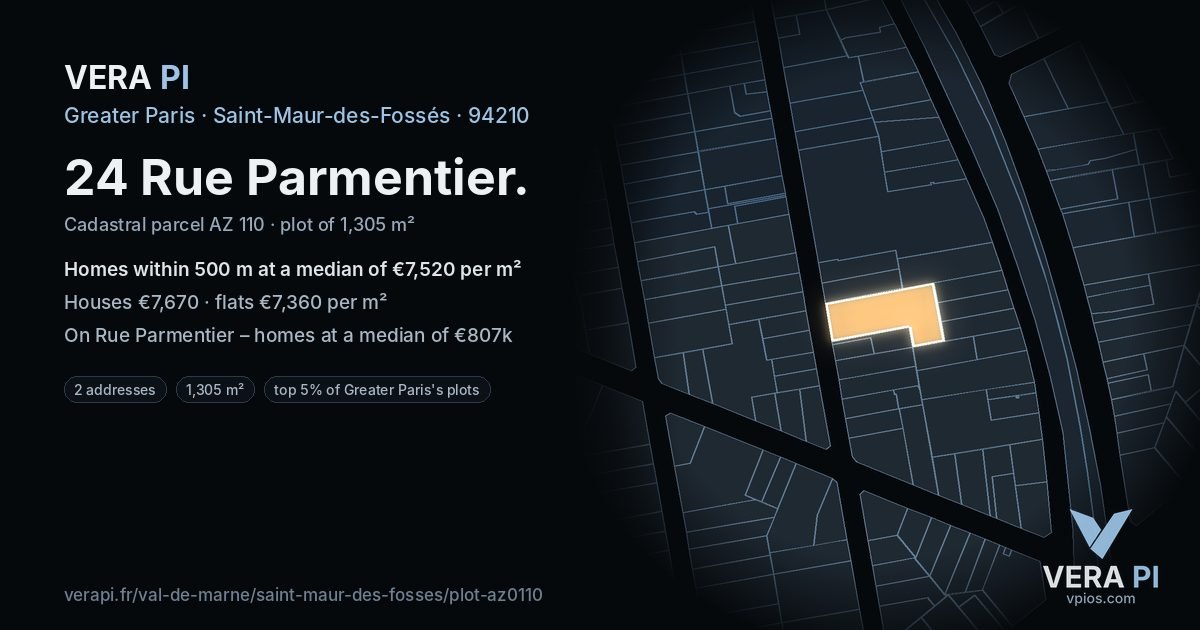 24 Rue Parmentier, Saint-Maur-des-Fossés at night – the plot lit, the parcels around coloured by the prices near them