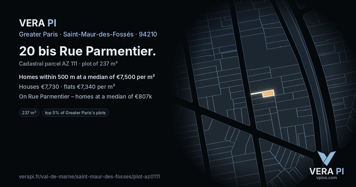 20 bis Rue Parmentier, Saint-Maur-des-Fossés at night – the plot lit, the parcels around coloured by the prices near them