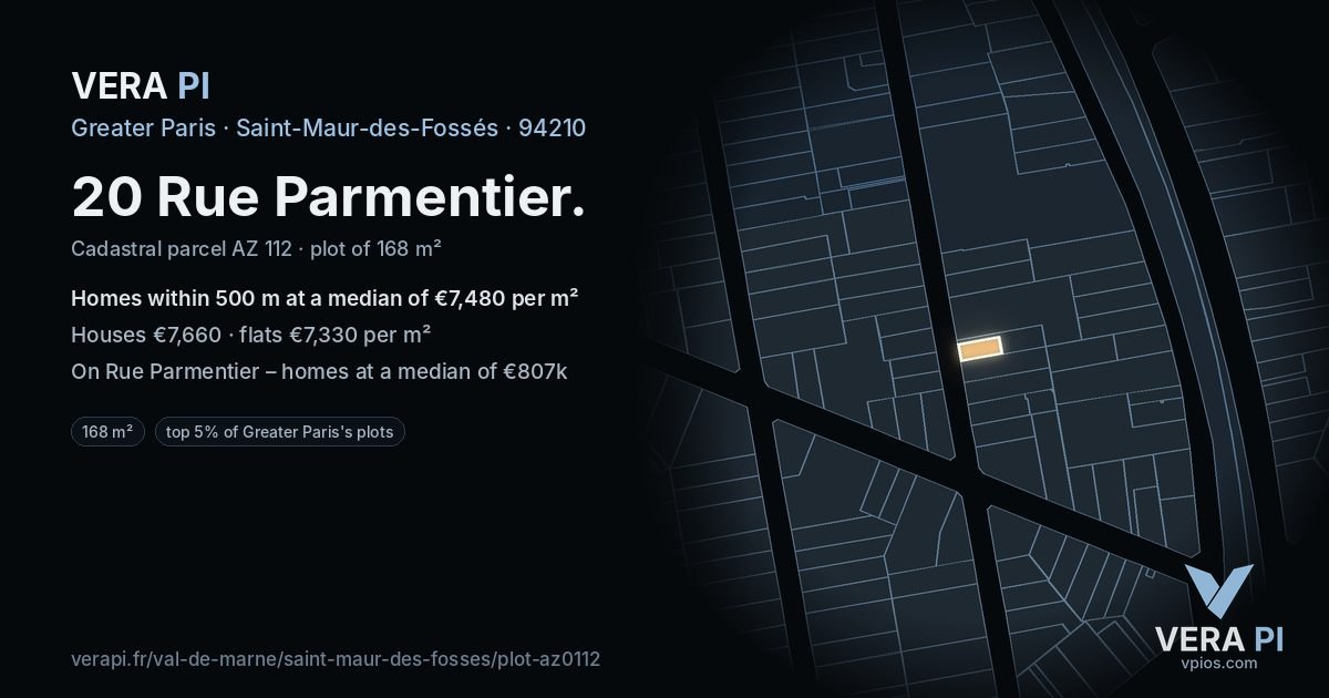 20 Rue Parmentier, Saint-Maur-des-Fossés at night – the plot lit, the parcels around coloured by the prices near them