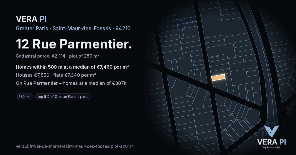 12 Rue Parmentier, Saint-Maur-des-Fossés at night – the plot lit, the parcels around coloured by the prices near them