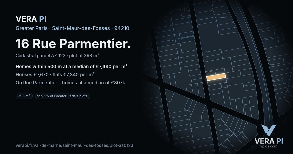 16 Rue Parmentier, Saint-Maur-des-Fossés at night – the plot lit, the parcels around coloured by the prices near them