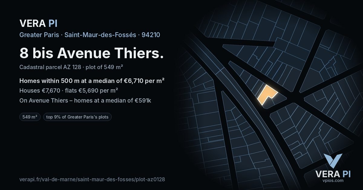 8 bis Avenue Thiers, Saint-Maur-des-Fossés at night – the plot lit, the parcels around coloured by the prices near them