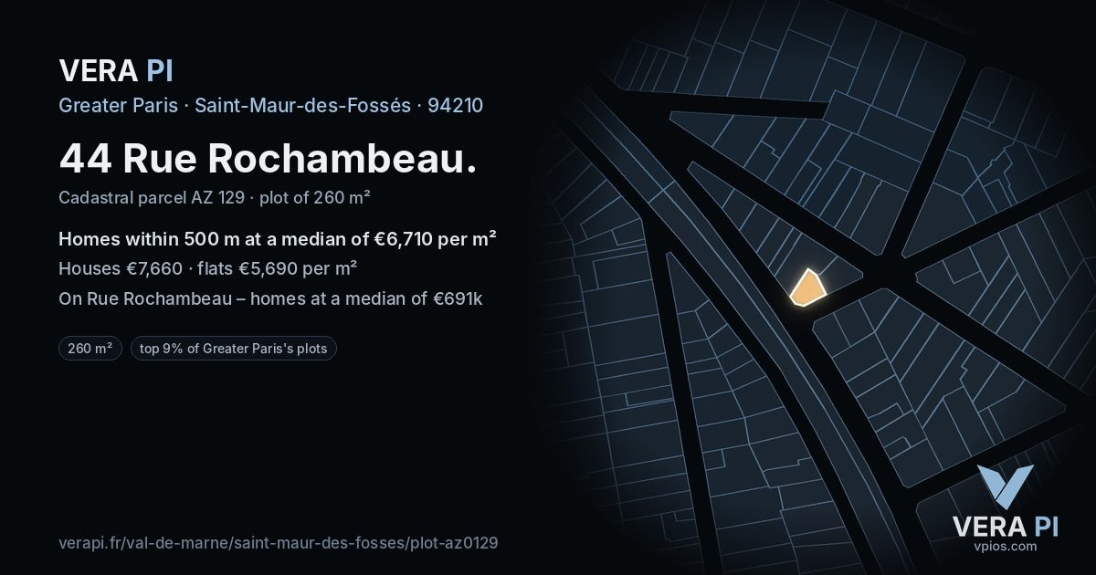 44 Rue Rochambeau, Saint-Maur-des-Fossés at night – the plot lit, the parcels around coloured by the prices near them