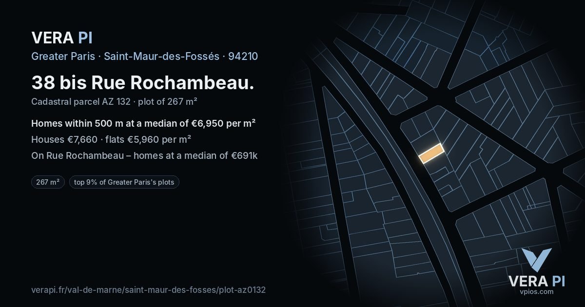 38 bis Rue Rochambeau, Saint-Maur-des-Fossés at night – the plot lit, the parcels around coloured by the prices near them