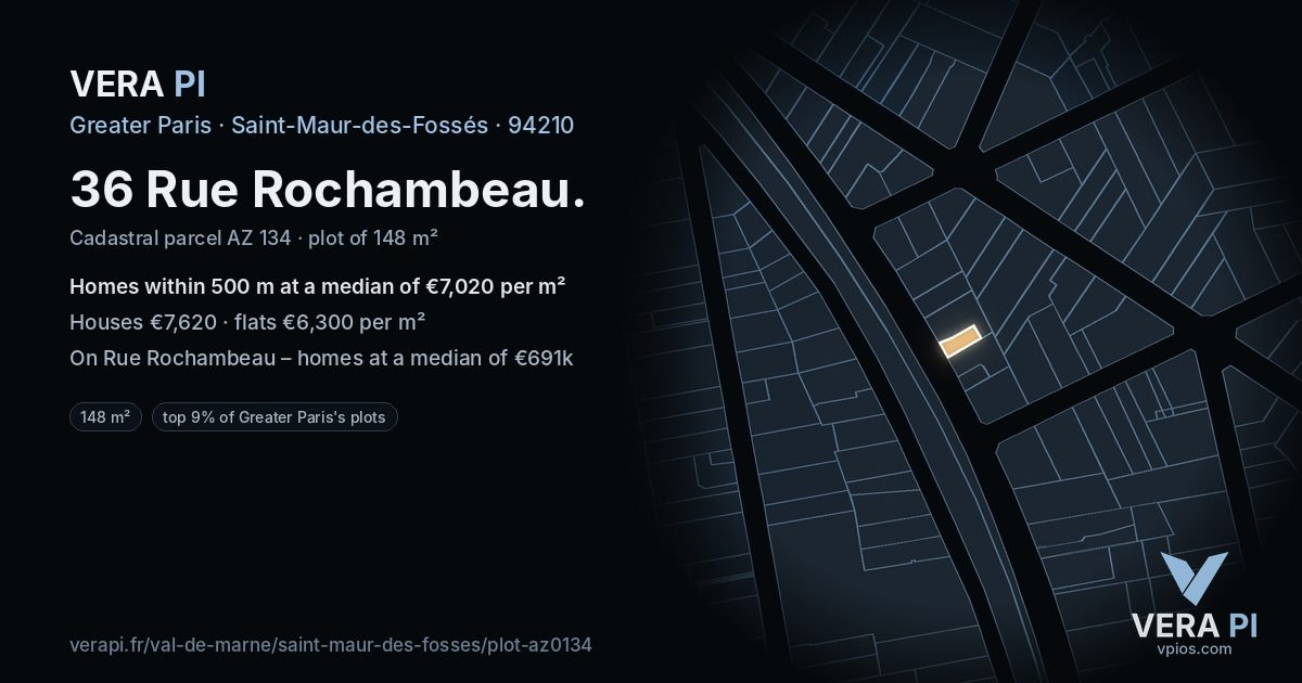 36 Rue Rochambeau, Saint-Maur-des-Fossés at night – the plot lit, the parcels around coloured by the prices near them