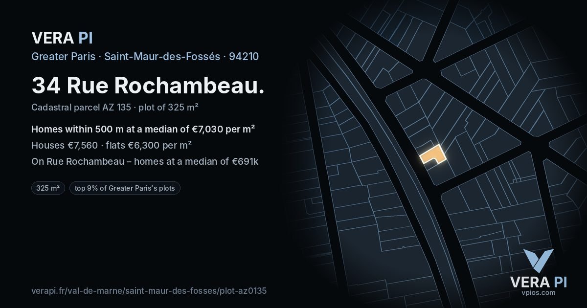 34 Rue Rochambeau, Saint-Maur-des-Fossés at night – the plot lit, the parcels around coloured by the prices near them