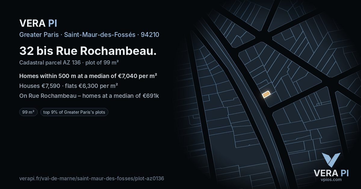 32 bis Rue Rochambeau, Saint-Maur-des-Fossés at night – the plot lit, the parcels around coloured by the prices near them