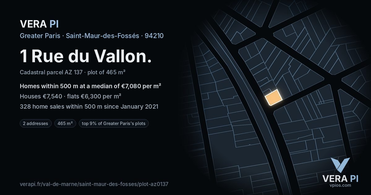 1 Rue du Vallon, Saint-Maur-des-Fossés at night – the plot lit, the parcels around coloured by the prices near them
